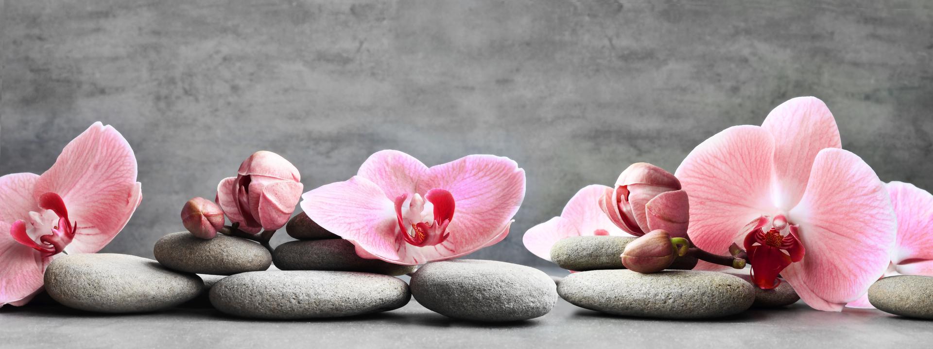 Spa stones and pink orchid on the grey background.